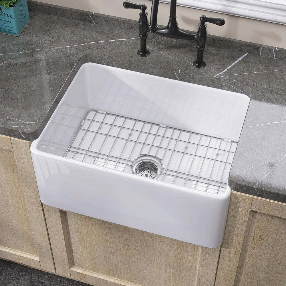 24 in. Small Apron Front Farmhouse Sink Single Bowl White Fireclay Farmhouse Kitchen Sink with Bottom Grids and Strainer