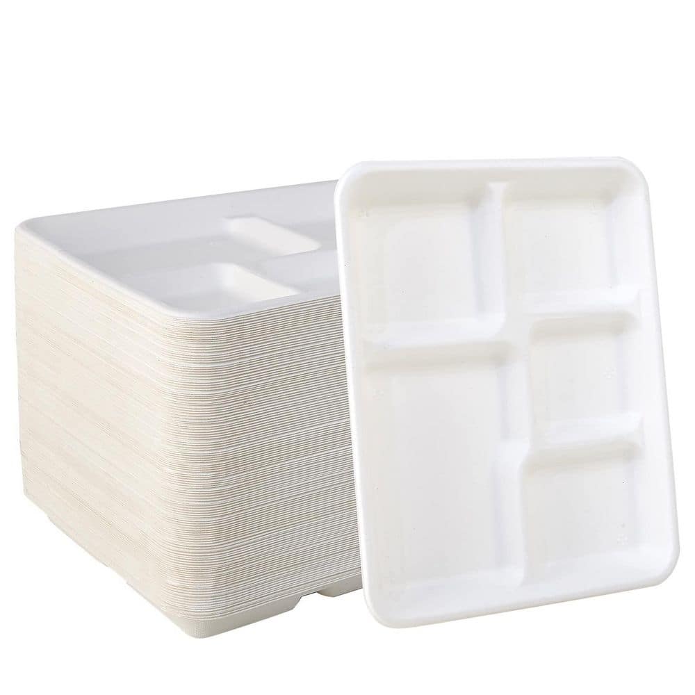 500 Pack White Disposable Bagasse Sugarcane Fiber Compostable 5-Compartment Plates for School Lunch, Buffet