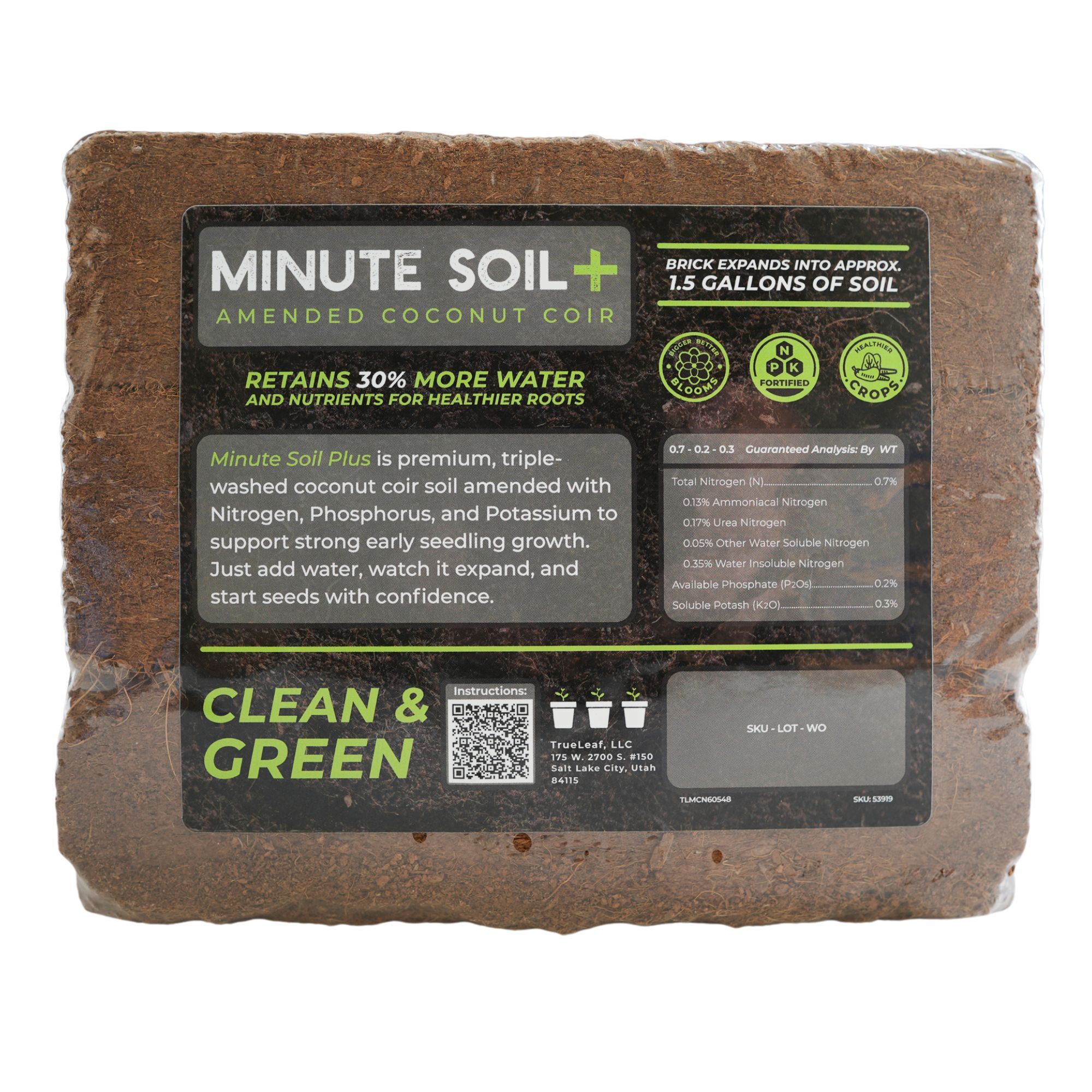 Minute Soil Plus Brick - Medium - 3 Bricks = 1.5 Gallons of Potting Soil Ea - NPK Amended Compressed Coco Coir Fiber Grow? Garde