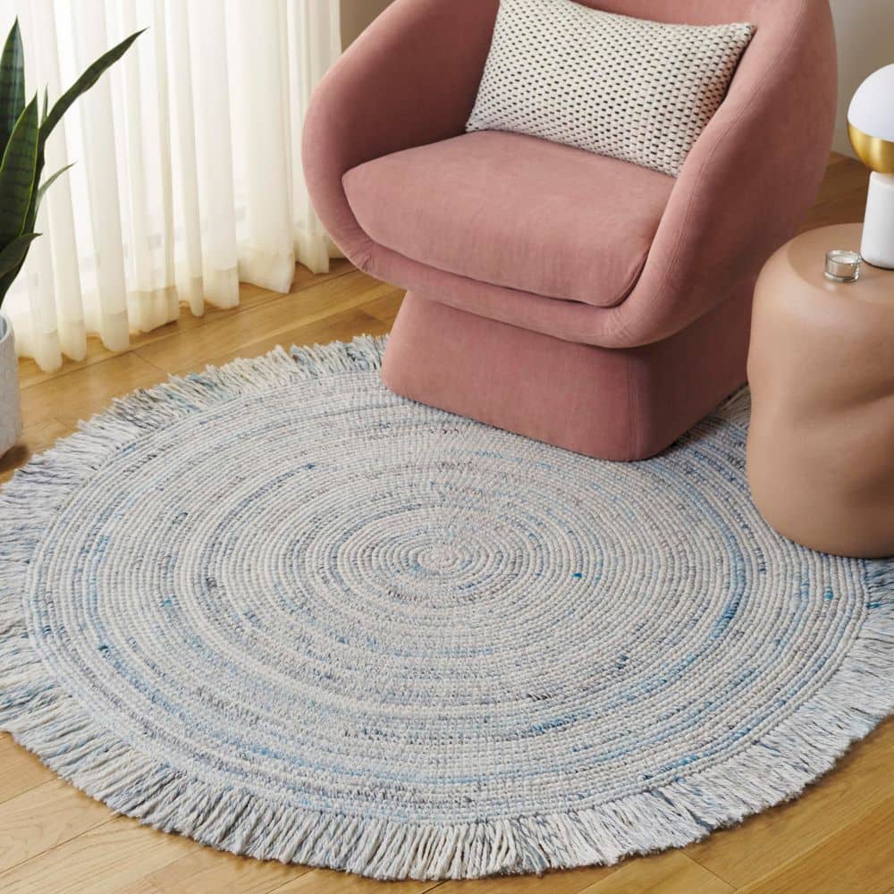 Renewal 6 ft. x 6 ft. Ivory/Light Blue Woven Fringe Round Area Rug
