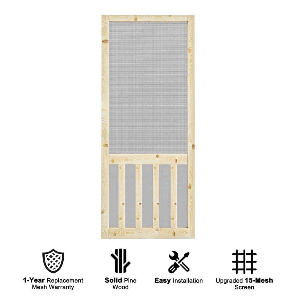 30 in. x 80 in. Universal Unfinished Solid Pine Wood Farmhouse 5 Bar Hinged Screen Door with Gauze Mesh for Courtyard