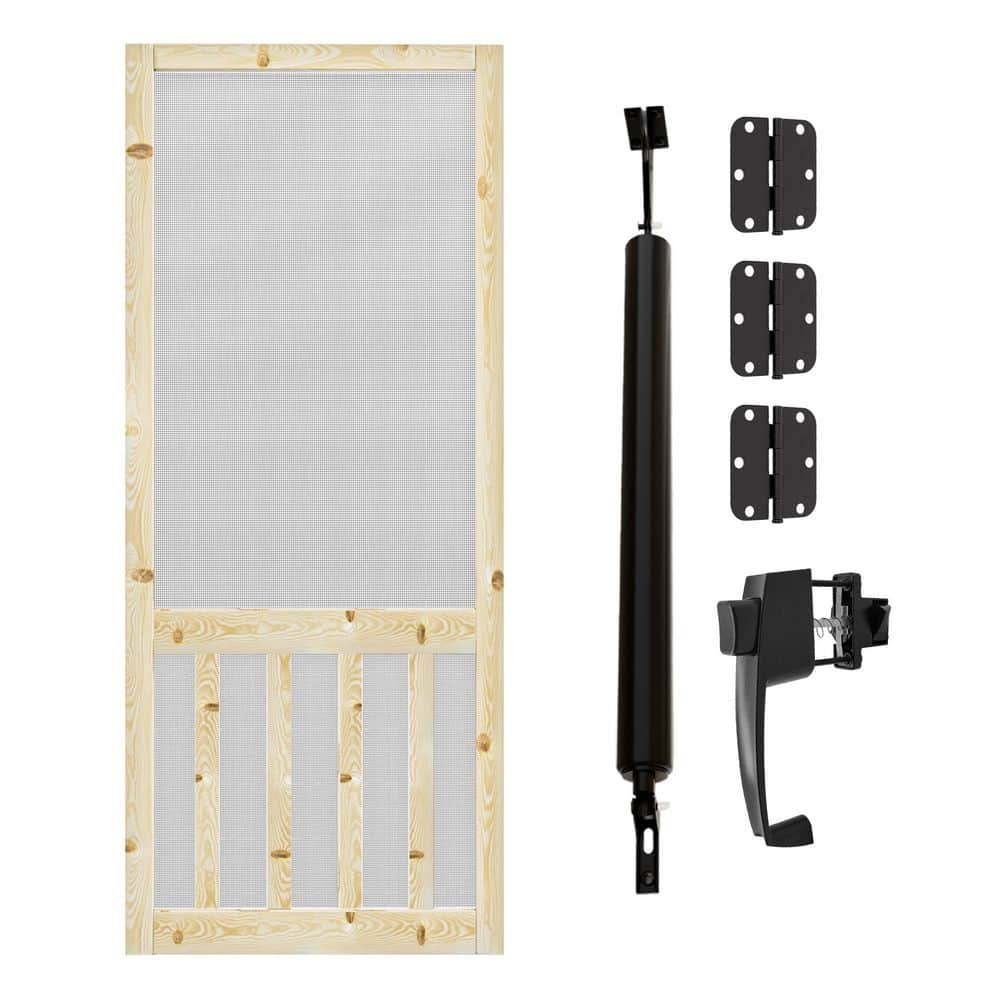 32 in. x 80 in. Universal Unfinished Pine 5-Bar Screen Door with Lock, Door Closer and Gauze Mesh-Hinged Design