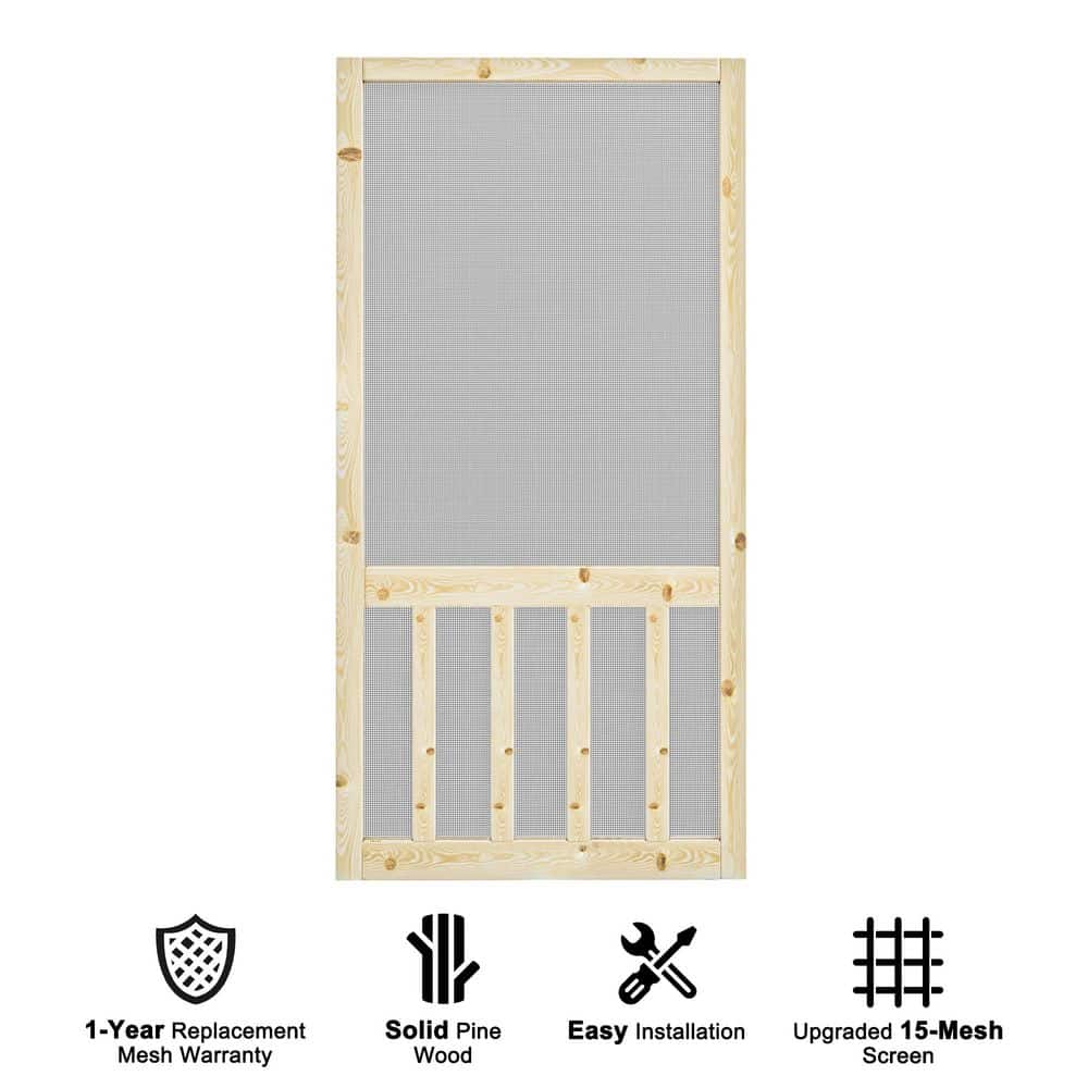 36 in. x 80 in. 5-Bar Single Universal Paneled Railing Style Unfinished Pine Wood and Gauze Mesh Hinged Screen Door